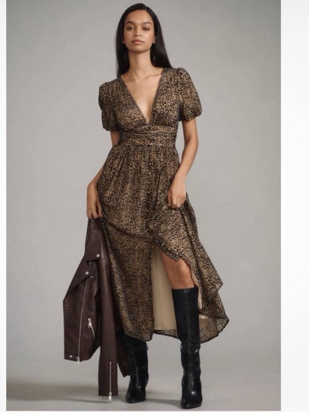 Anthropologie The Katerina Maxi Dress 14 Button-Front Velvet Leopard Print Goth